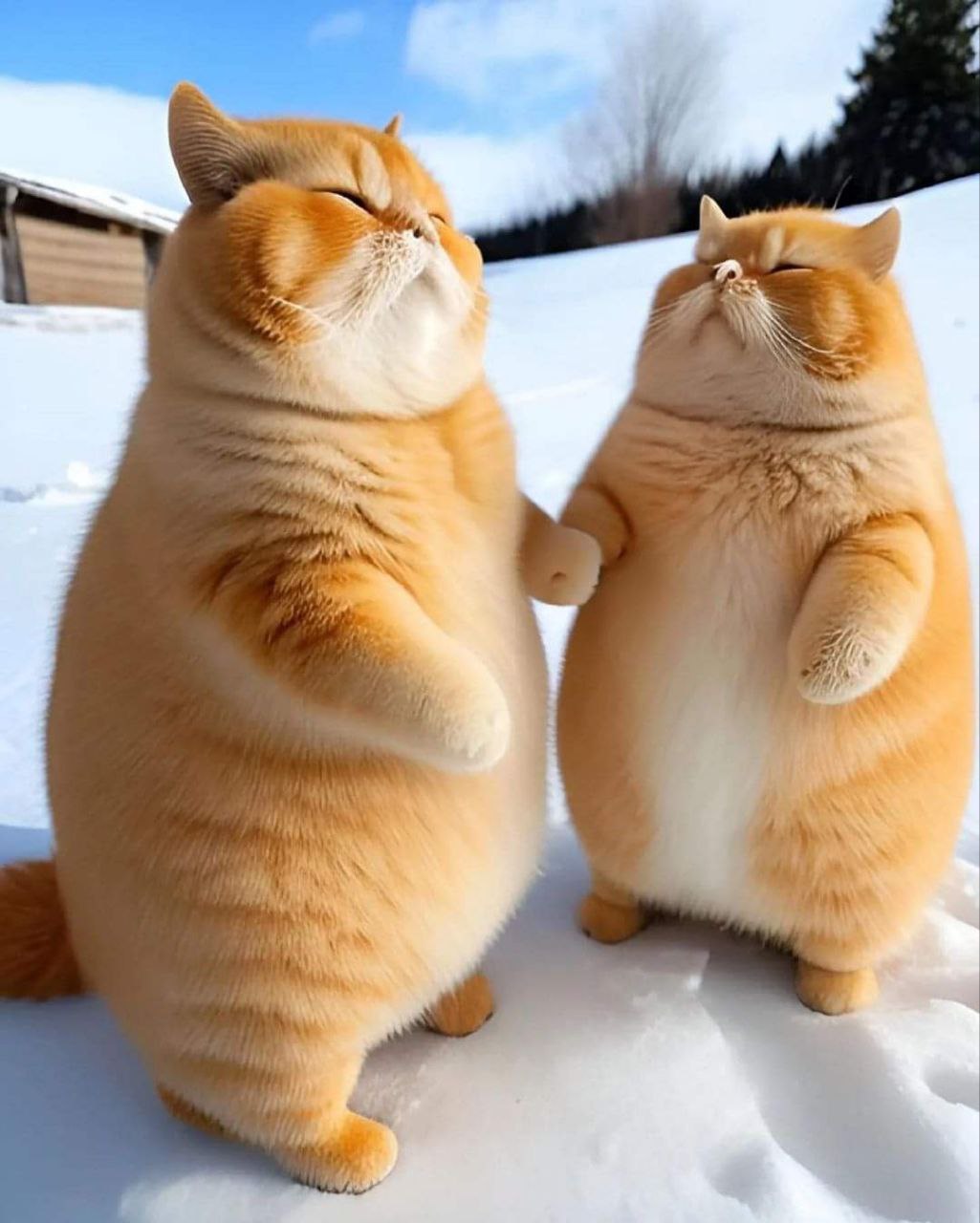 two cats sitting on a snow covered ground